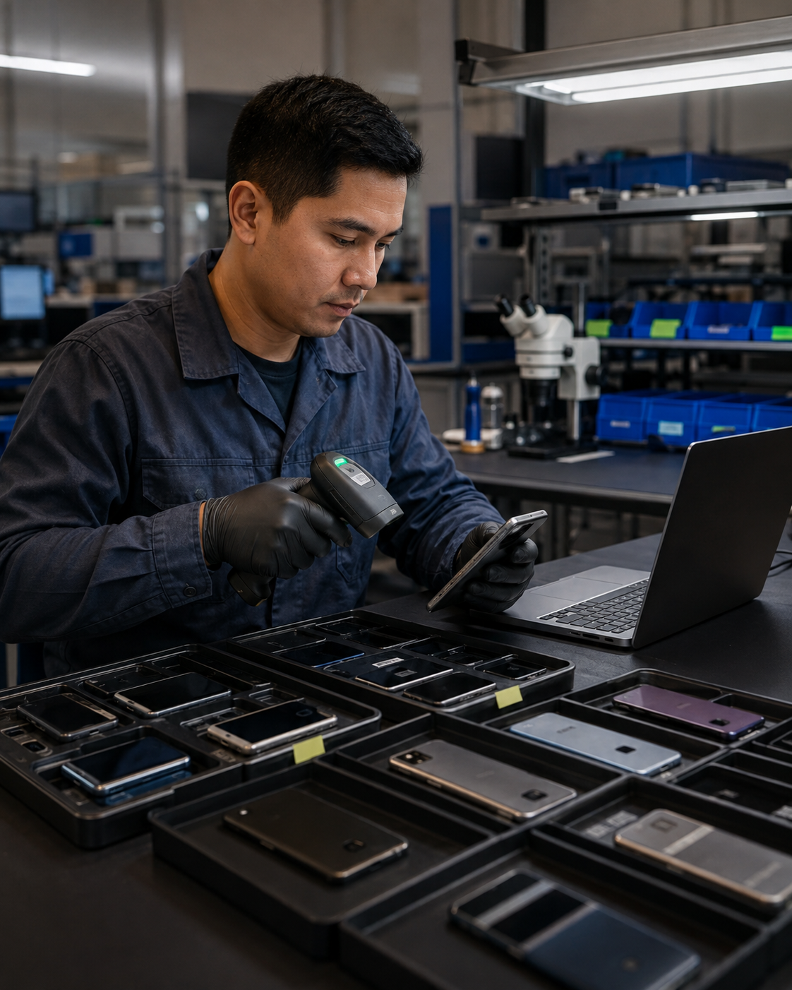 Technician inspecting a business device